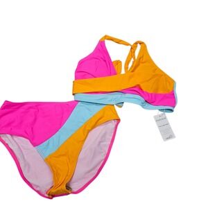 Rosvigor Bikini Set Women Small Pink Orange Blue Color Block High Waist Swimsuit